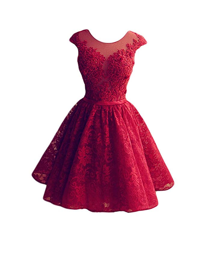 TBGirl A-line Cap Sleeve Illusion Neck Red Lace Party Dresses Knee Length