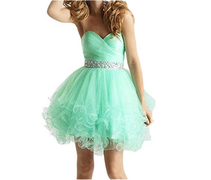 Ikerenwedding Women's Sweetheart Beaded Tulle Ruffle Short Homecoming Dress