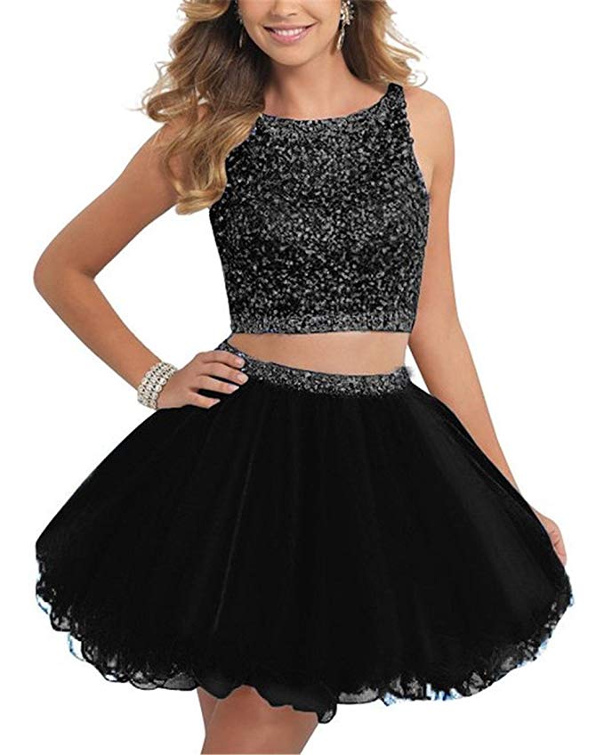 MARSEN Women's Short Two Piece Tulle Beaded Homecoming Prom Dress