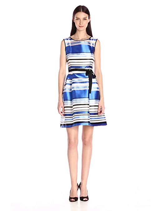 Ellen Tracy Women's Striped Fit and Flare Dress with Tie at The Waist