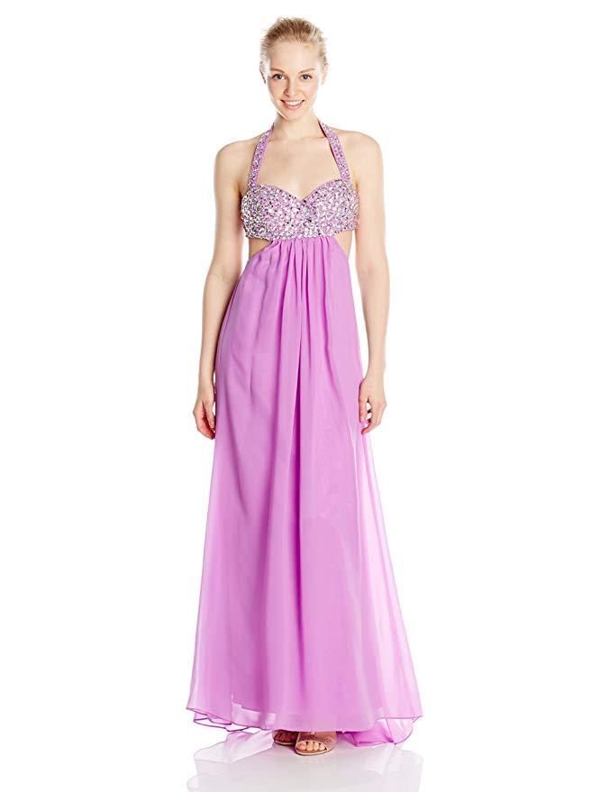 Jump Junior's Long Chiffon Halter Neck Long Gown with Beaded Bodice