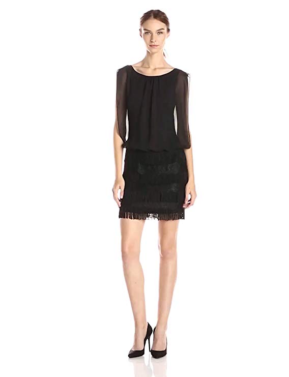 Aidan by Aidan Mattox Women's Multi Tier Lace and Fringe Blouson Dress