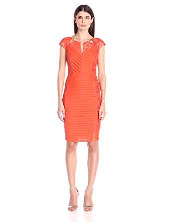 Sangria Women's Cap-Sleeve Lace and Shutter Sheath Dress