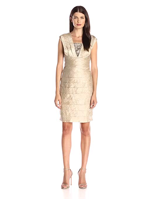 London Times Women's Cap Sleeve V Neck Sheath Dress w. Jeweled Insert