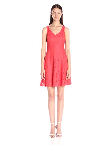 London Times Women's Leafy Rose Lace Fit-and-Flare V-Neck Dress