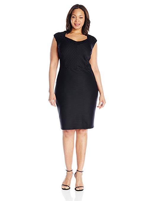 London Times Women's Plus-Size Cap Sleeve Lace Inset Pintuck Sheath