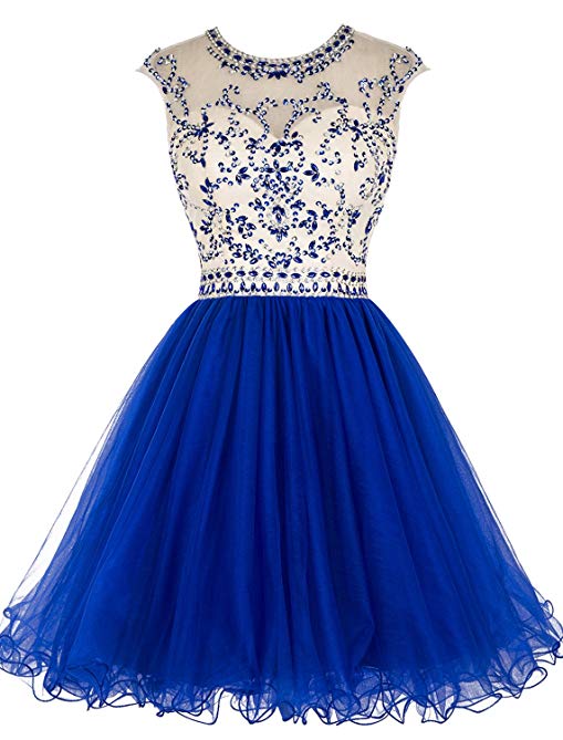 Tideclothes ALAGIRLS Beaded Homecoming Dress Short Tulle Prom Cocktail Gowns Hollow Back