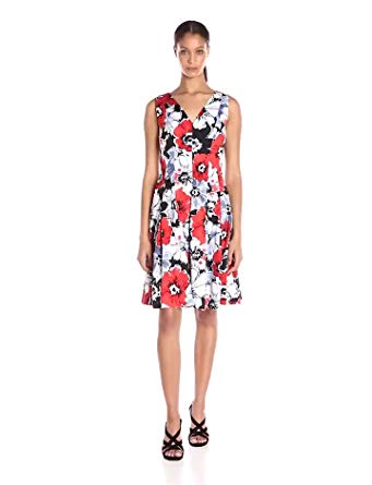 Anne Klein Women's Cotton Printed Double V-Neck Fit-and-Flare Dress