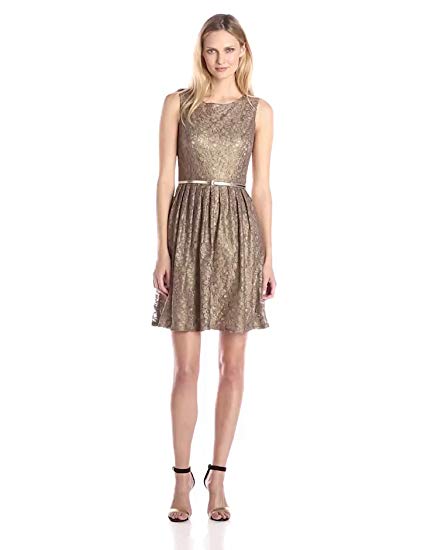 Ellen Tracy Women's Pleated Lace Dress with Belt