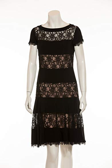 Joseph Ribkoff Cap Sleeve Lace-Trim Black & Nude Dress Style 143444