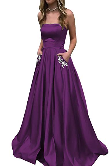 HONGFUYU 2018 Satin Strapless A-line Long Semi Formal Gowns with Beaded Pockets Prom Dresses