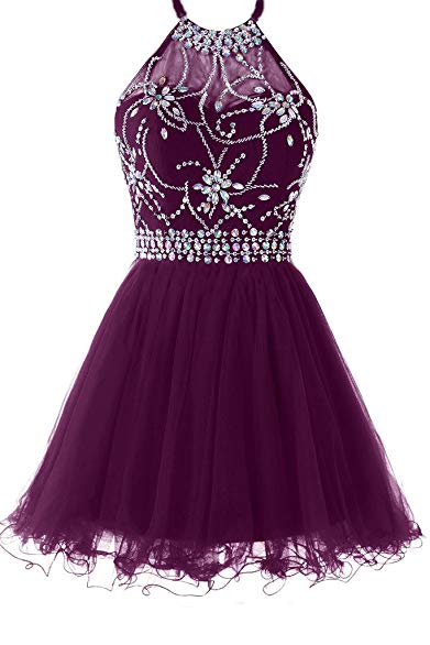 Musever Women's Halter Short Homecoming Dress Beading Tulle Prom Dress