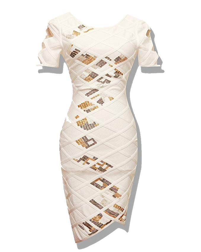 UONBOX Women' Short Sleeves Low Back Cocktail Bandage Dress with Sequins Adorned