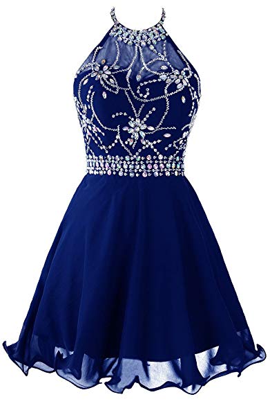 Topdress Women's Short Beaded Prom Dress Halter Homecoming Dress Backless