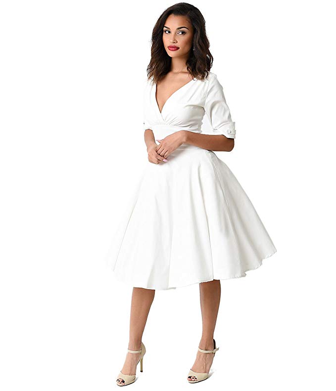 Unique Vintage 1950s Ivory Delores Swing Dress with Sleeves