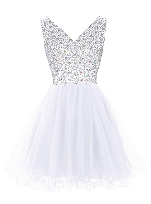 Snowskite Women's Short V-neck Beaded Tulle Cocktail Party Homecoming Dress