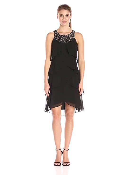 S.L. Fashions Women's Sleeveless Multi-Tiered Cocktail Dress with Sparkling Neckline, Black