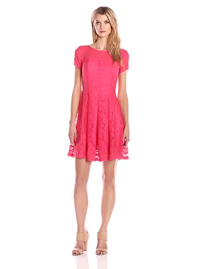 Gabby Skye Women's Lace Fit-and-Flare Dress with Sheer Panels