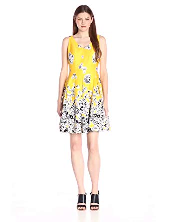 Nine West Women's Drop Floral Boarder Sleeveless Box Pleat Cotton Dress