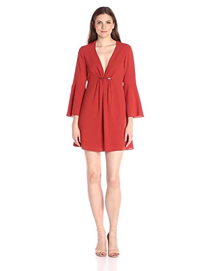 Halston Heritage Women's Long Bell Sleeve Deep V Neck Dress With Shirring and Beads