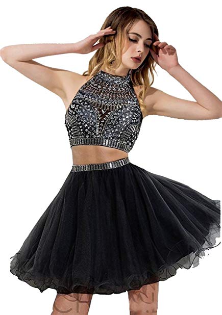 MARSEN Homecoming Dresses Short Two Piece Tulle Beaded Halter Formal Prom Gown