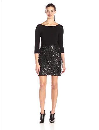 Adrianna Papell Women's Chemical Lace and Sequin with Jersey Combination A-Line Dress and Sleeves