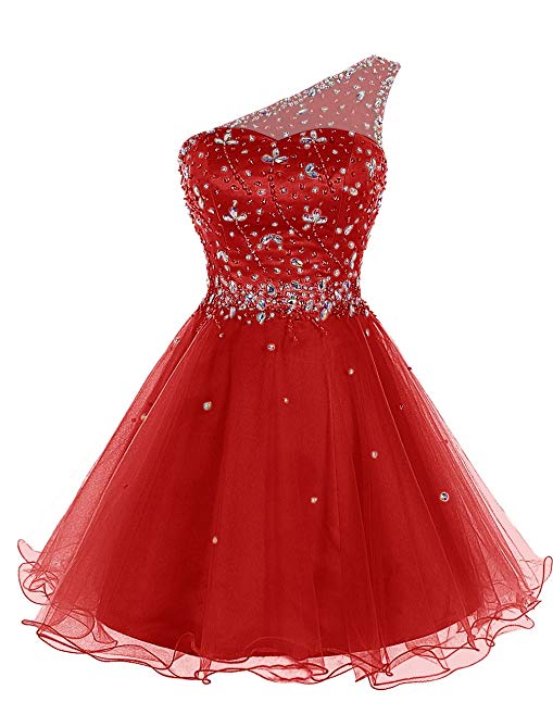 Bbonlinedress Women's Short Tulle Homecoming Dress One-Shoulder Beaded Cocktail Prom Party Dress