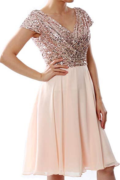 MACloth Women Cap Sleeve Short Bridesmaid Dress Sequin Wedding Party Formal Gown