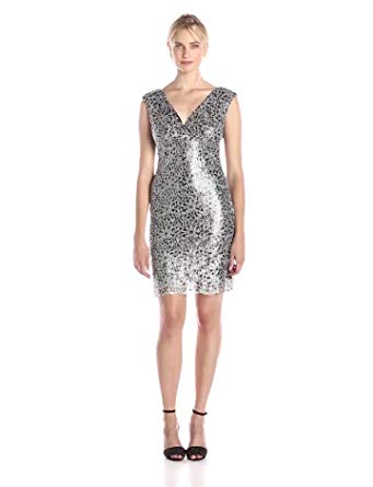 Marina Women's Cap-Sleeve V-Neck Sequin Lace Cocktail Dress