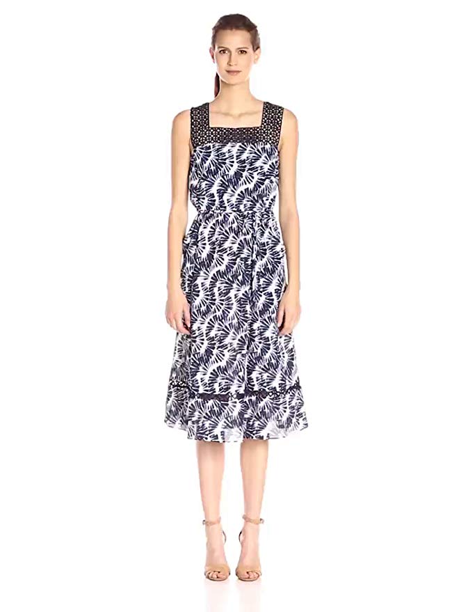 Donna Ricco Women's Sleeveless Printed Fit-and-Flare Dress With Lace On Bodice