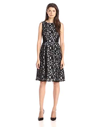 Calvin Klein Women's Lace Fit-and-Flare Dress with Solid Waist Inserts - Black