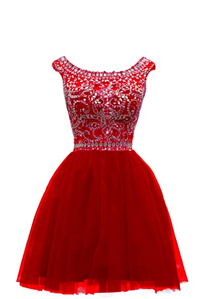 BRL MALL Women's Beaded Tulle Scoop Neckline A Line Mini Party Dresses