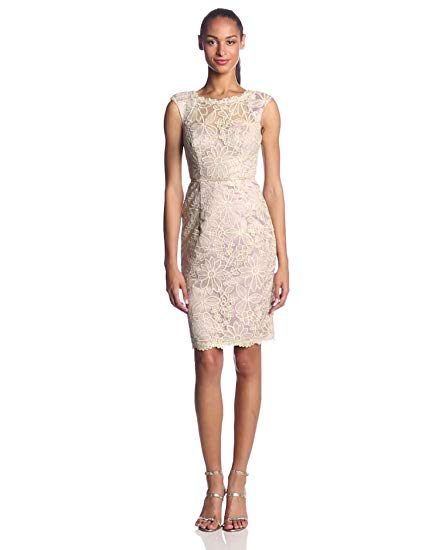 JS Collection Women's Embroidered Mesh Illusion Boatneck Sheath Dress