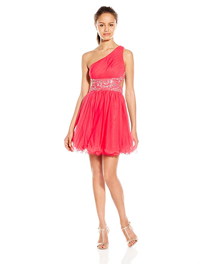 Blondie Nites Junior's Asymmetry Short Prom Dress with Mesh Skirt