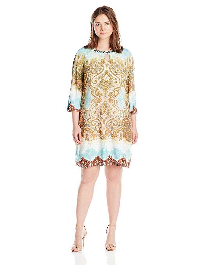 London Times Women's Plus-Size Aquatic Paisley Jersey Shift with Beaded Sleeve Cutout