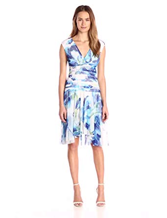 London Times Women's Printed Mesh Shutter Dress with Dropped Waist