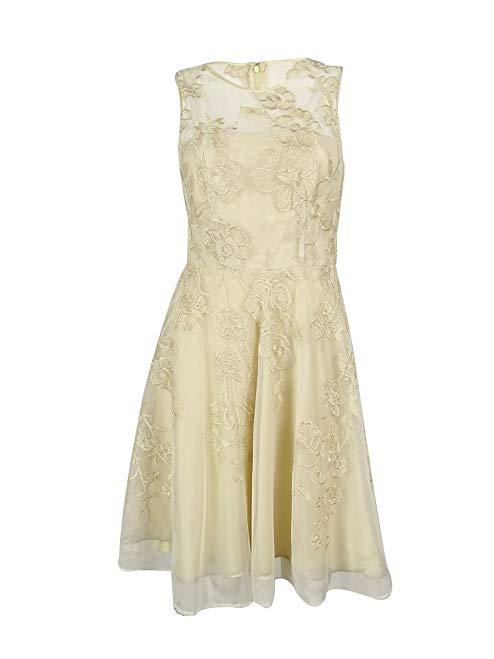 Tahari Women's Metallic Floral Illusion Flare Dress