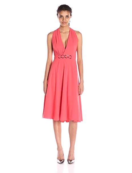 Halston Heritage Women's Sl V Neck Dress W Draped Asym Back and H.w Detail,