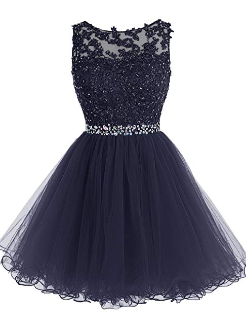 Tideclothes ALAGIRLS Short Beaded Homecoming Dress Tulle Lace Applique Prom Party Gowns