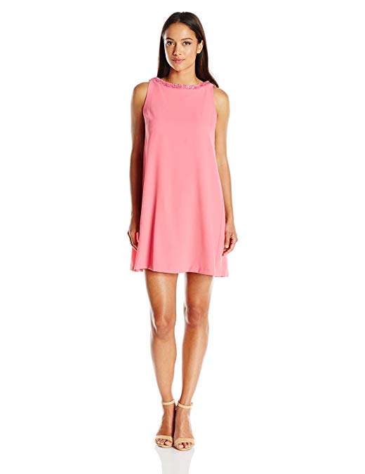 London Times Women's Petite Beaded Neck Crepe Shift Dress