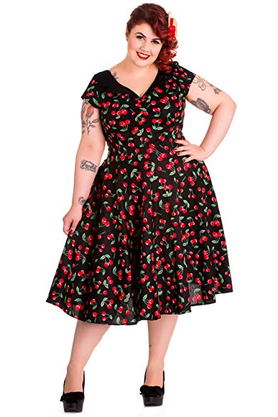 Hell Bunny Plus Sweet Cherry Pop Cherry Love 50's Pinup V-neck Flare Party Dress