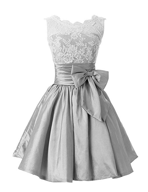 Sunvary Short Prom Club Ball Dress for Junior Illusion-Neck Lace Bow Homecoming Gown