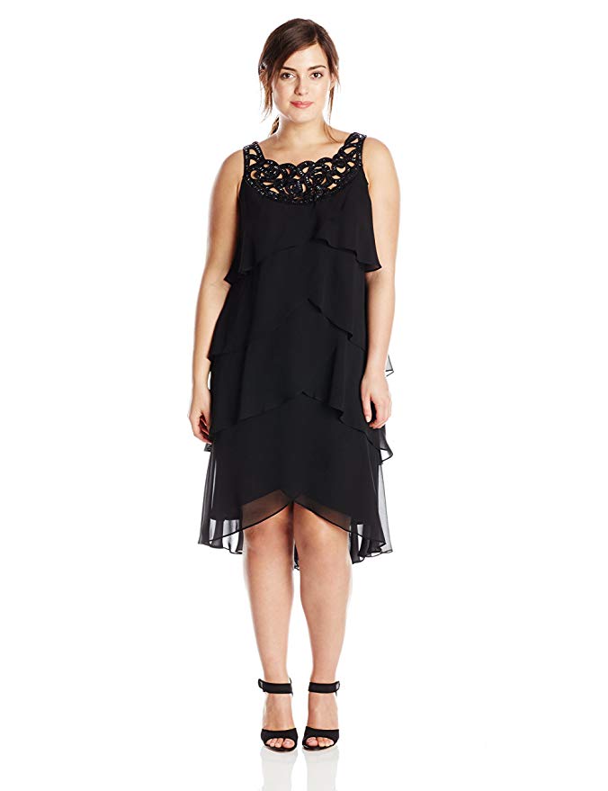 S.L. Fashions Women's Plus Size Beaded Neck Tiered Dress