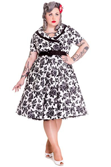 Hell Bunny Plus Victorian Gothic Black Rose Wide V-neck Collar Party Dress