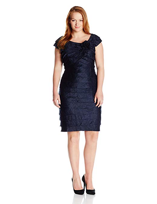 London Times Women's Plus Size Cap Sleeve Sheath Dress w. Flower Detail and Portrait Collar