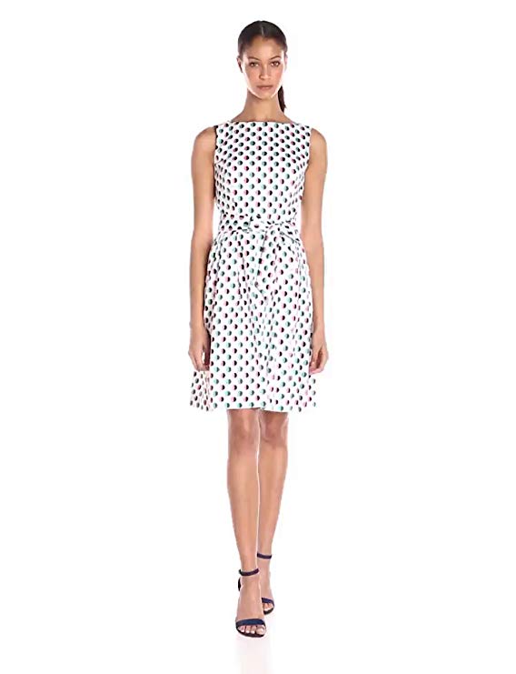 Anne Klein Women's Pritned Cotton Fit and Flare Dress with Self Sash