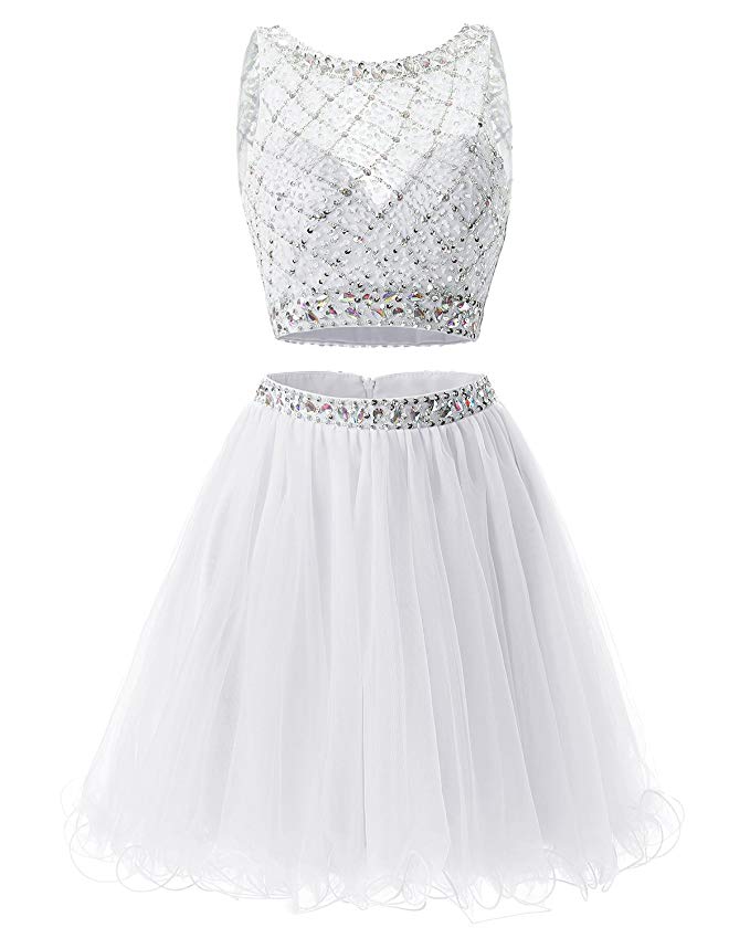 Bridesmay Short Tulle Prom Dress Beaded Two Piece Cocktail Party Dress