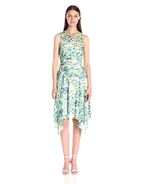 London Times Women's Mesh Sleeveless Printed Shuttered Bodice Dress