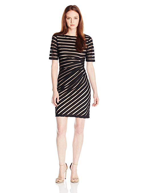 London Times Women's Petite Pleat Sheer Stripe Sheath